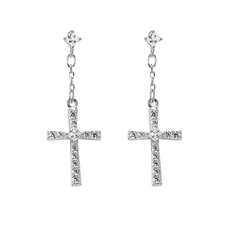 925 Sterling Silver Cross Diamond Stud Earrings for Women - High-End Cold Style