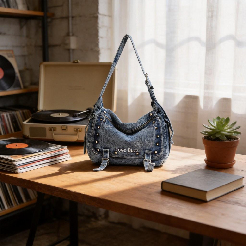 Borsa in Denim Retro da Donna con Grande Capacità e Borchie Metalliche per Uso Quotidiano