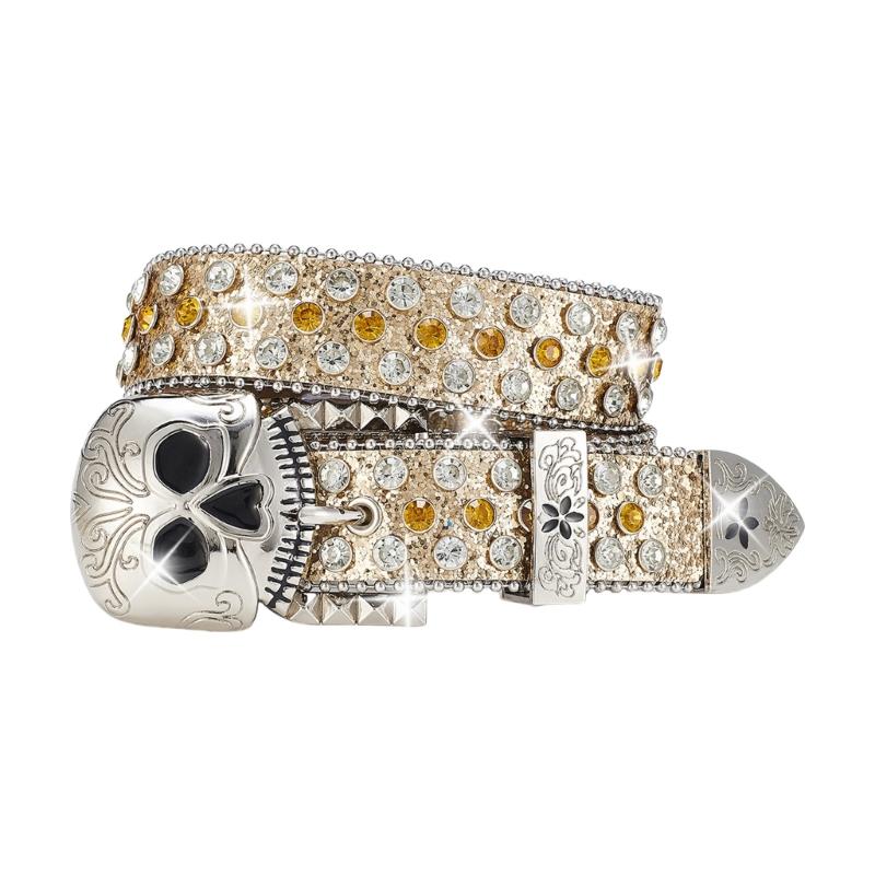 Metal Skull Buckle Belt for Women Men with Rhinestones Studded Sequins Hiphop Belt for Jeans Popular Waist Accessories