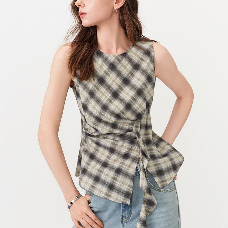 Versailles Lane Vintage Plaid Round Neck Slimming Sleeveless Shirt for Women, New Summer Ribbon Shirt