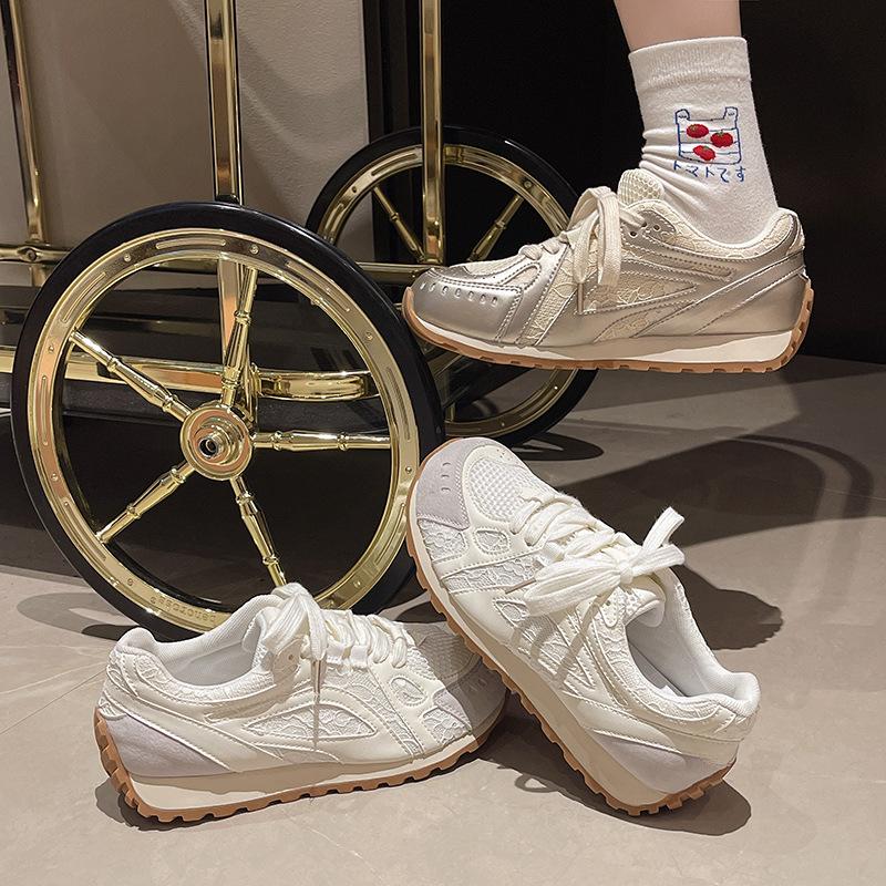 Silver design lace muffin platform German training shoes women's 2025 spring new leather mesh breathable Forrest Gump shoes