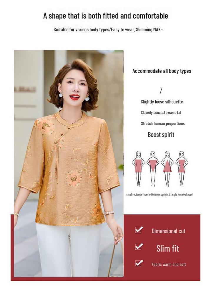 Chinese Style Summer Women's Round Neck 3/4 Sleeve Printed Top for Middle-Aged & Elderly
