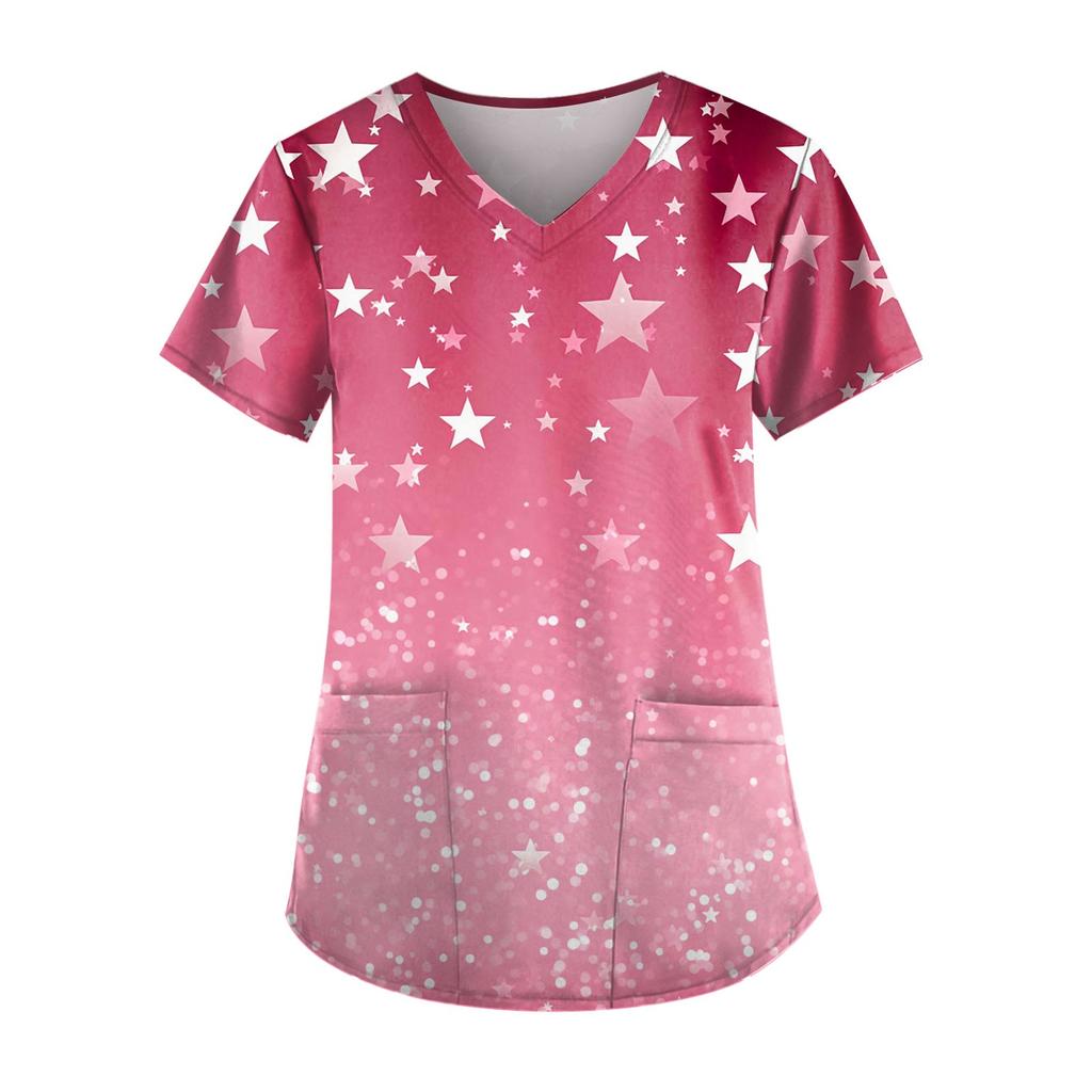 Plus Size Printed Scrub Working Uniform Tops For Women's V-Neck Print Short Sleeve Fun T-Shirts Workwear Tee With Pockets