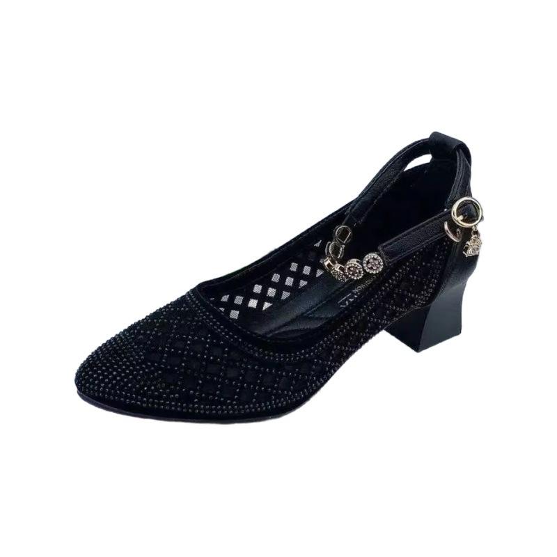 Soft Leather Mesh Shoes Hollow New Black Sandals Middle Heel Soft Sole Thick Heel Single Shoes
