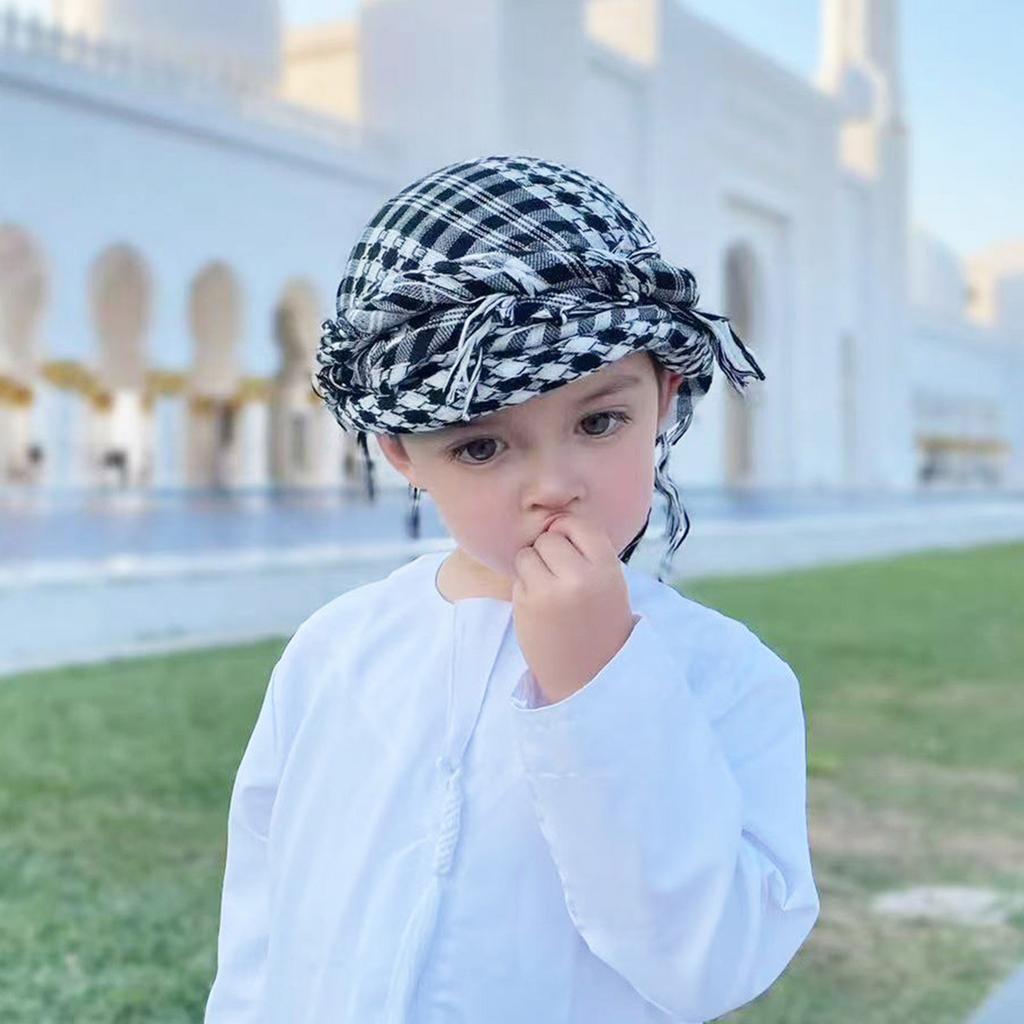 Soft Polyester Checkered Shemagh Scarf With Fringe Trim For Kids Various Outfit Arabic Shoulder Wrap For Boy Daily Wear