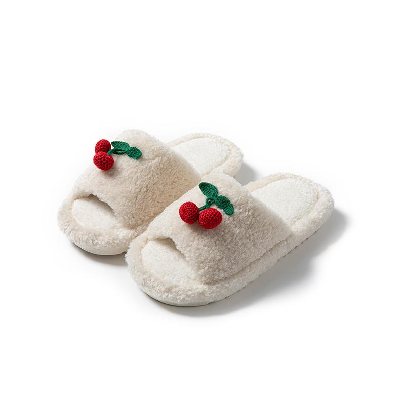 Cherry open cotton slippers ins warm fluffy slippers cherry contrasting plush slippers