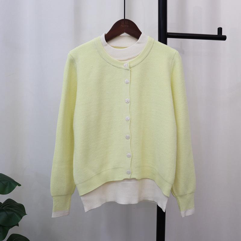 Crew Neck Fake Two-piece Knitted Cardigan Women's Autumn and Winter New Loose Contrasting Color Design Temperament Sweater Jacket