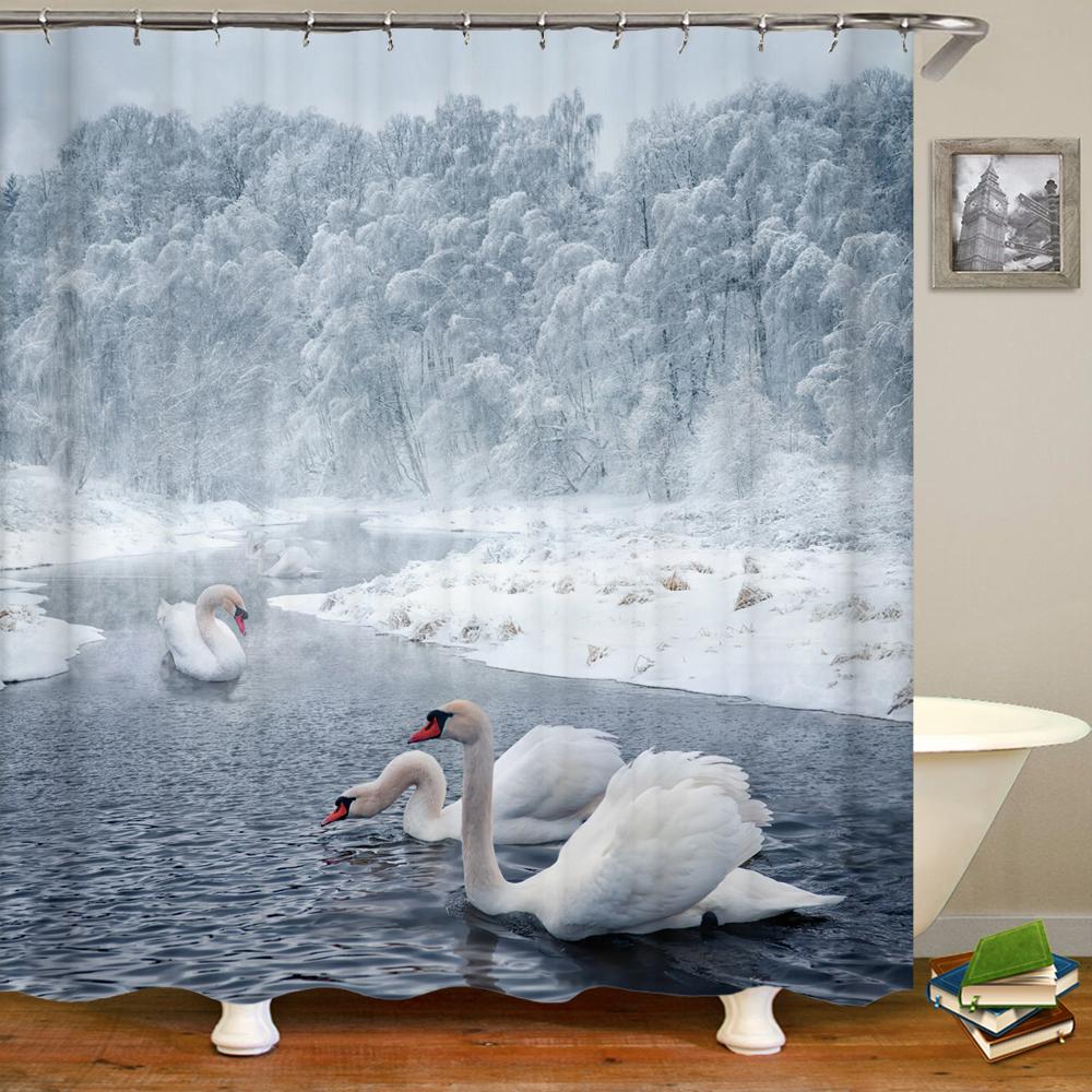 Natural Landscape Shower Curtains Bathroom Curtain Snow Scene Cedar Waterproof Polyester Bath Curtain Home Decorationwith Hooks