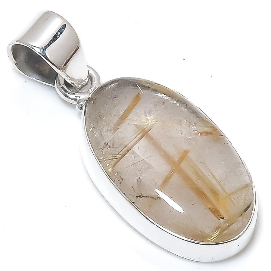 Natural Golden Rutile Gemstone 925 Solid Sterling Silver Gift Pendant 1.50" r3F44
