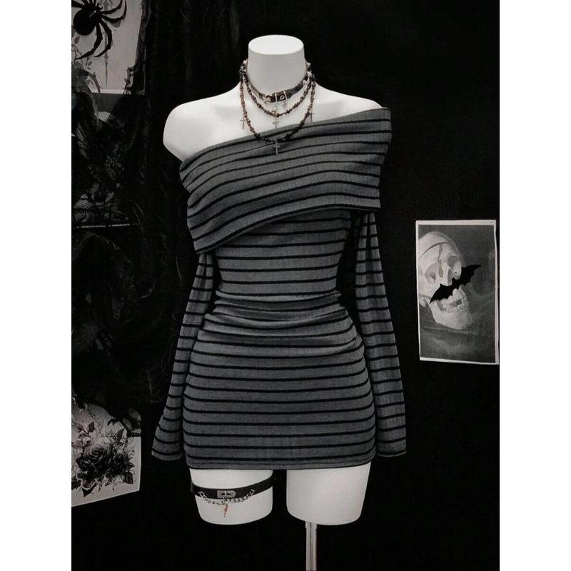 European and American Striped Slim-Fit Dress, Waist-Cinching Short Bodycon with Long Sleeves