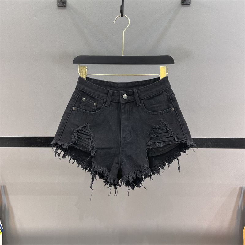 Women's Slim and Low Waist A-line Hairy Wide-leg Hot Girl Ripped Denim Shorts