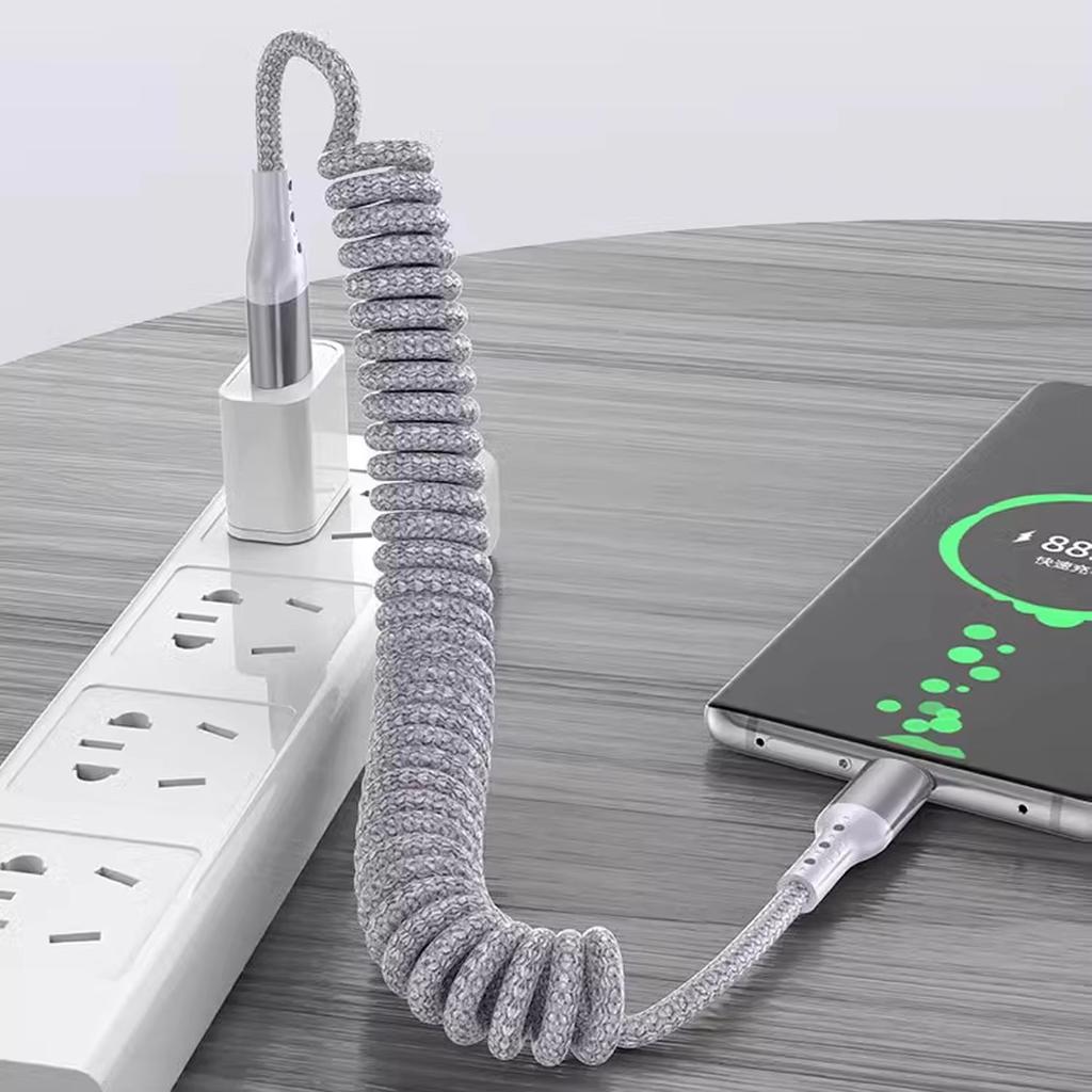 90° USB-C to type C Coiled Charger Cable Retractable Fast Charging Braided Cord for iPhone 17/16/15 Samsung Galaxy S25 S24