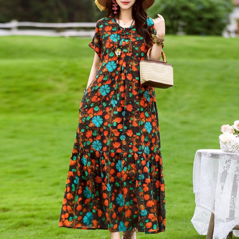 Women's Plus Size Floral Print Short Sleeve Maxi Dress, Loose Casual Summer Sundress (XL-5XL)