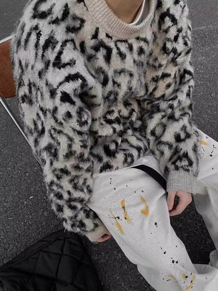 Men's Retro Leopard Print Sweater - High-End Color Block Knitwear