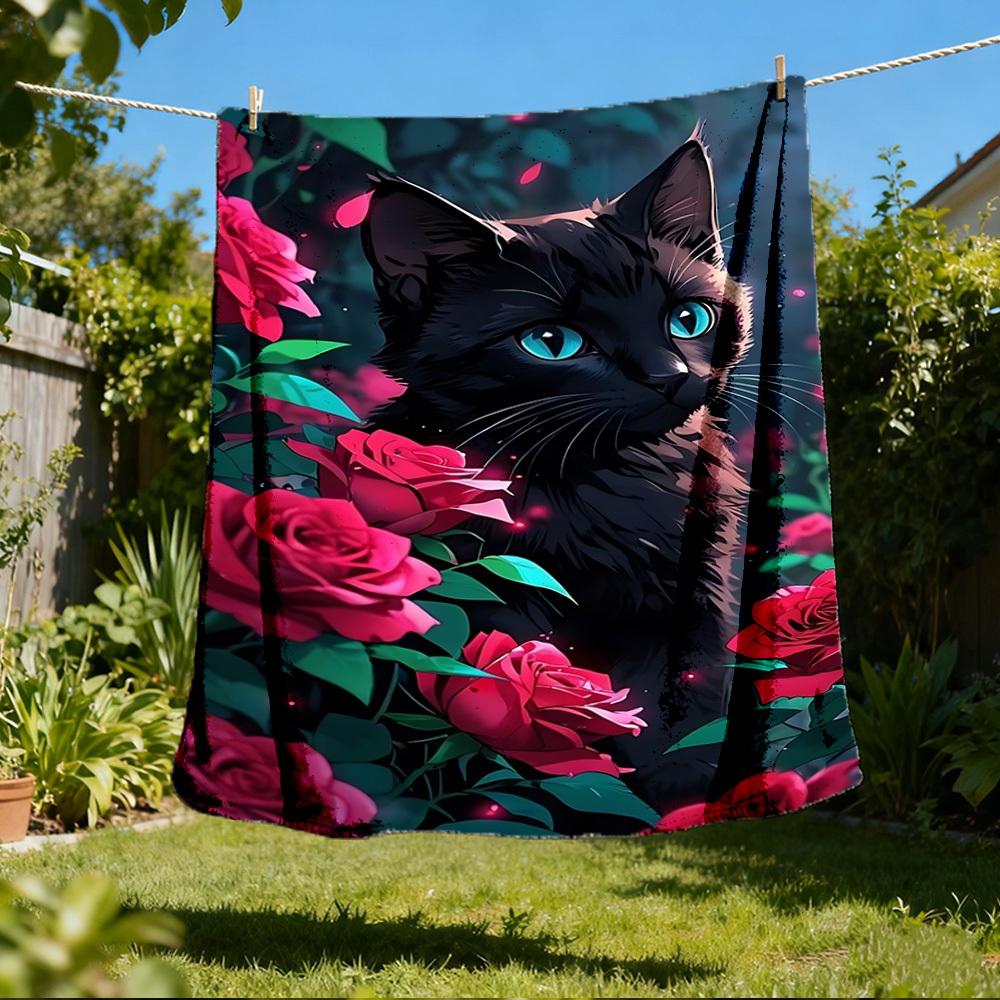 

1pc Black Cat with Roses Outdoor Flannel Blanket , Machine Washable Perfect Gift for Birthday , Holiday Travel Accessory , Durable Material 80x120cm