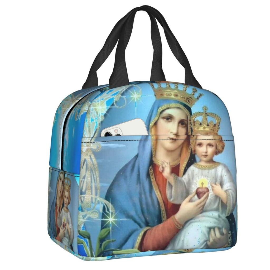 Custom Our Lady Of Perpetual Help Thermal Insulated Lunch Bags Women Catholic Virgin Mary Resuable Lunch Tote Storage Food Box