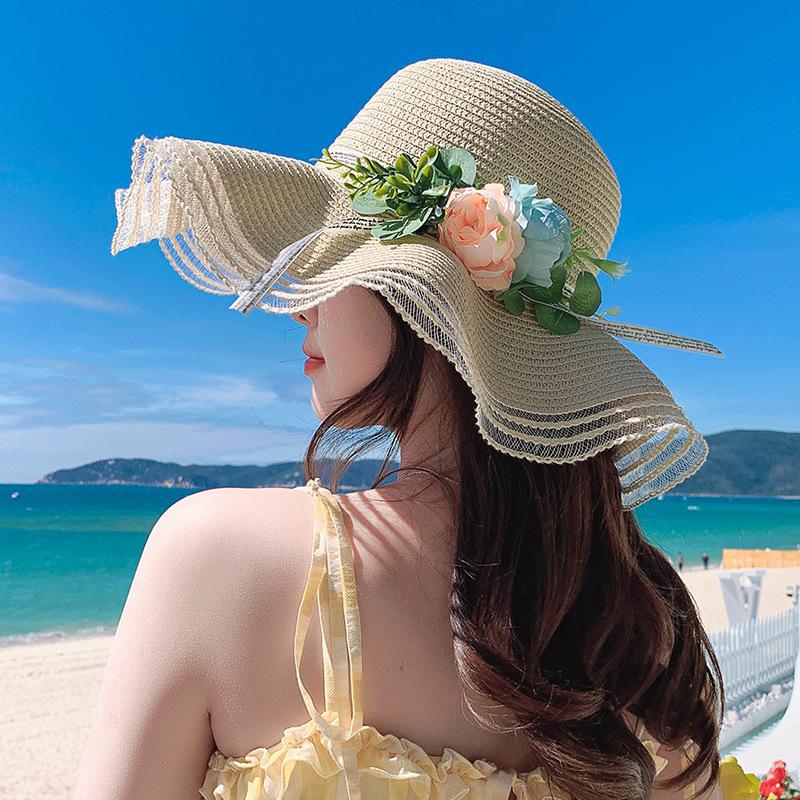 Straw Hat, Versatile In Summer, Seaside Brim, Beach Sun Hat, Fashionable Adult, Simulated Flower, Wave Grass Weaving, Sun Protection