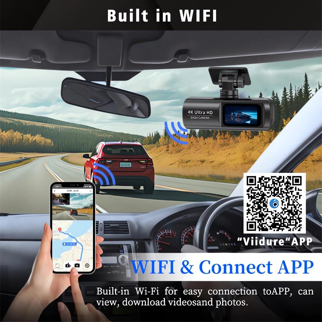 4K Dashcam, Front- und Rückkamera mit Doppelobjektiv, GPS/WIFI/Nachtsicht/24-Stunden-Parküberwachung