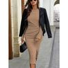 Women's Solid Color Round Neck Belted Slit Hem Midi Dress Casual Long Sleeve Shift Office Autumn