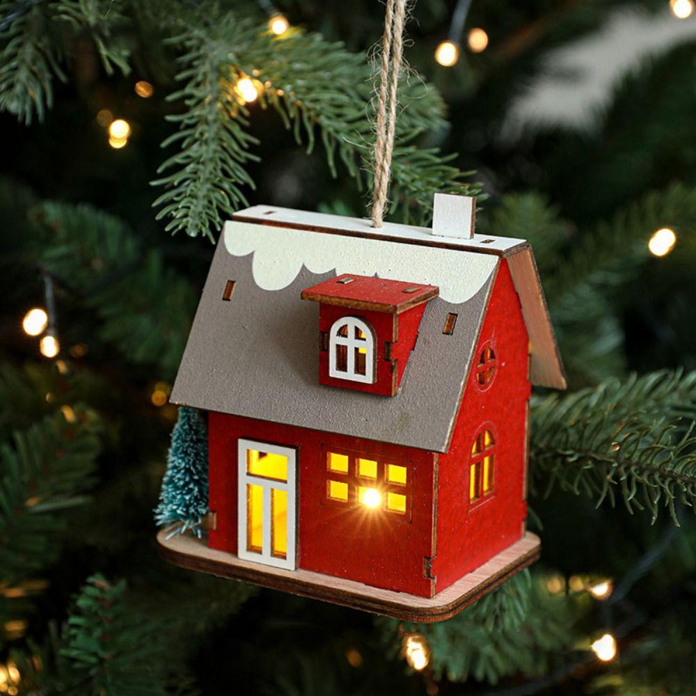Decorative Christmas Snow House Pendant Christmas Tree Hanging Lighting Glowing Log Cabin Mini Elk LED Wooden Christmas House