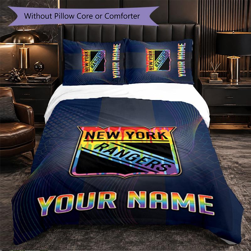 New York Rangers Customized Name Text Bedding Set, 1 Duvet Cover & 2 Pillowcases Personalized Bedroom Gift