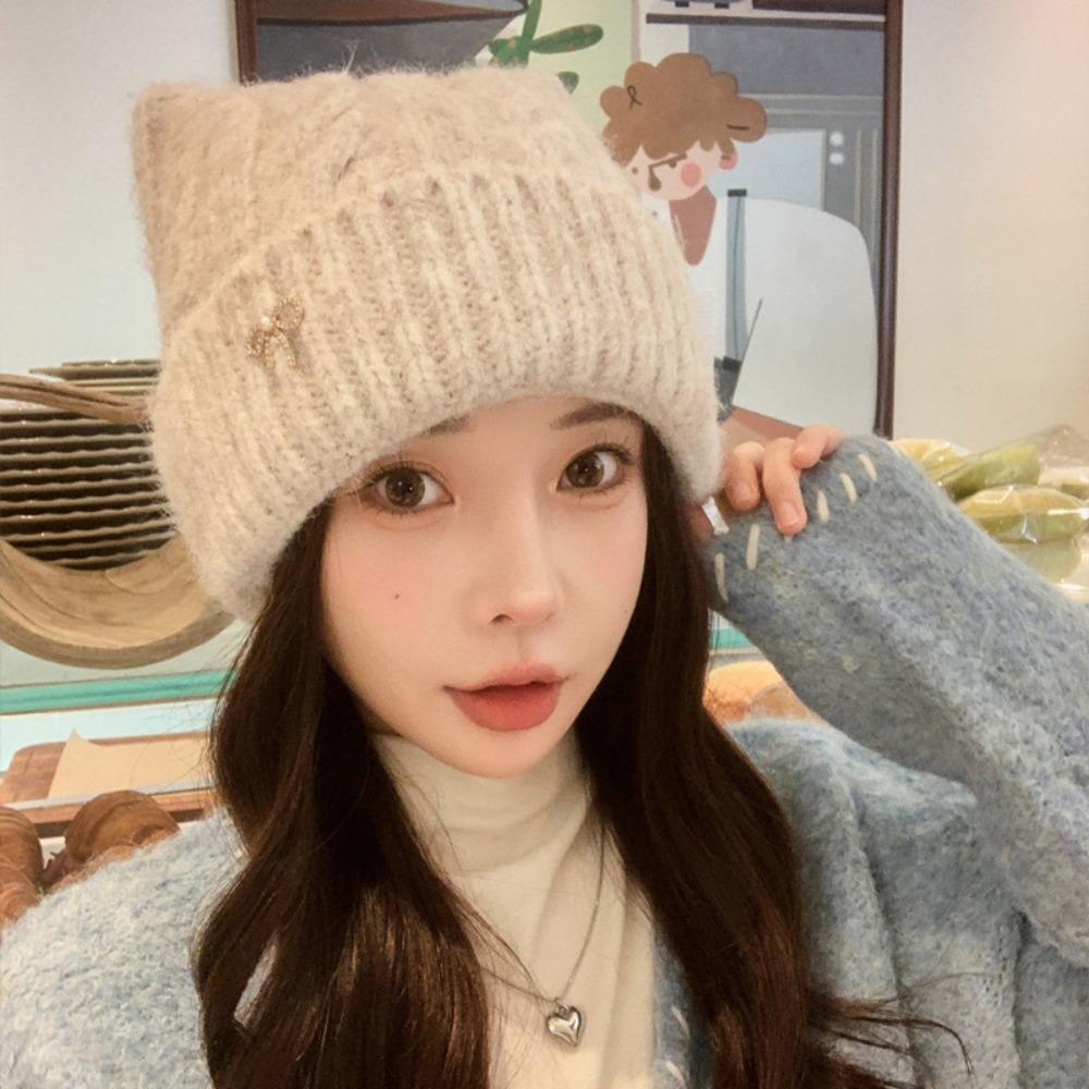 Solid Color Cat Ears Pullover Hat Japanese Style Women Beanie Hat Autumn Winter