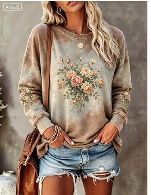 Women Long Sleeve T‑Shirt Vintage Tie‑Dye Rose Bouquet Floral Print Crew Neck Loose Casual Daily Tops