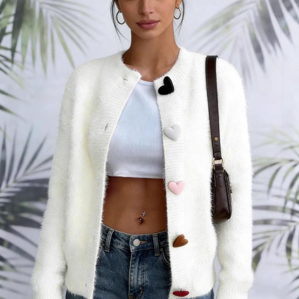 Fashion Sweet Heart Button Cardigan Sweater 2026 Autumn Korean Style Knitted Jackets Casual Round Neck Solid Color Knit Loose Ladies Soft Clothing
