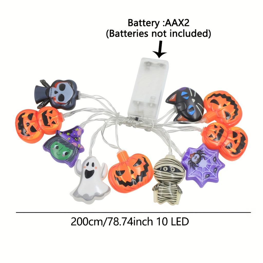 Halloween 6.56ft String Lights with Pumpkin, Ghost, Spider & Witch Designs,10 LEDs, Battery Operated for Outdoor, Garden, Yard, Decor Party