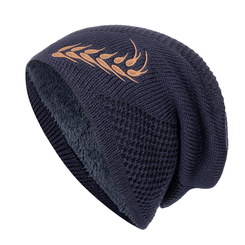 

Теплая зимняя шапка унисекс, модная вязаная шапка с пшеничной вышивкой для мужчин и женщин, толстая лыжная шапка на меховой подкладке, шапка-бини 54cm-62cm темно-синий
