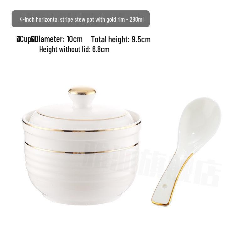 Keramik-Schmortopf mit Deckel, goldrandig, für den gewerblichen Gebrauch: Ideal für Vogelnestersuppe, gedämpfte Desserts und Eier.