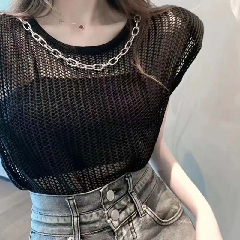 

Женский полый жилет, футболка без рукавов с круглым вырезом, свободный тонкий вязаный свитер, модная сексуальная блузка с цепочкой и топом L чёрный