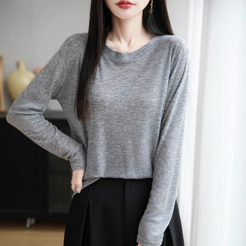 Summer New Crew Neck Knitted Sweater Long-sleeved Solid Color Loose Versatile Pullover Bottoming Shirt Women's Knitted Sunscreen Shirt