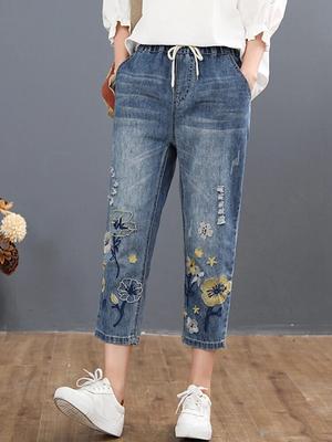 Chinese Autumn Fashion Style Ladies Vintage Embroidery Jeans Women Casual Floral Denim Trousers Ripped Harem Pants