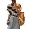 Mode Squelette Rayé Couleur Collision Revers Col V Manches Courtes Chemise Tricotée Courte T-shirt Tops Femme Décontracté Essentiel Coupe Slim Pulls T-shirts