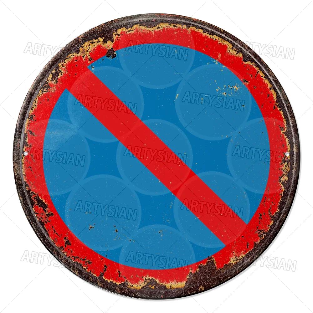 Vintage Retro Traffic Signs Collection HD Print Metal Tin Sign Featuring Unique Circular Warning Prohibition Plates (No C