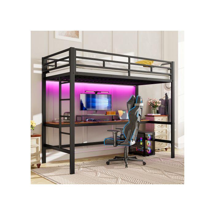 Világítós galériaágy - MUVOE - 90x200 cm - Fekete fém - Korlát - Tanulóasztal