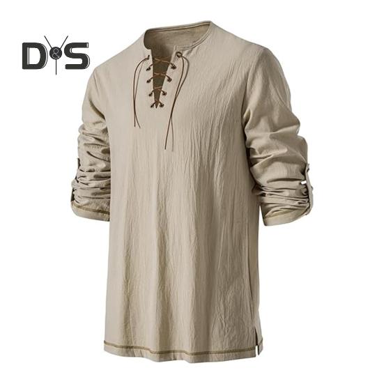 Pánské vintage šněrovací tričko s dlouhým rukávem a límečkem Henry, jarní podzimní jednobarevné tričko pro každodenní nošení, vystoupení, cosplay