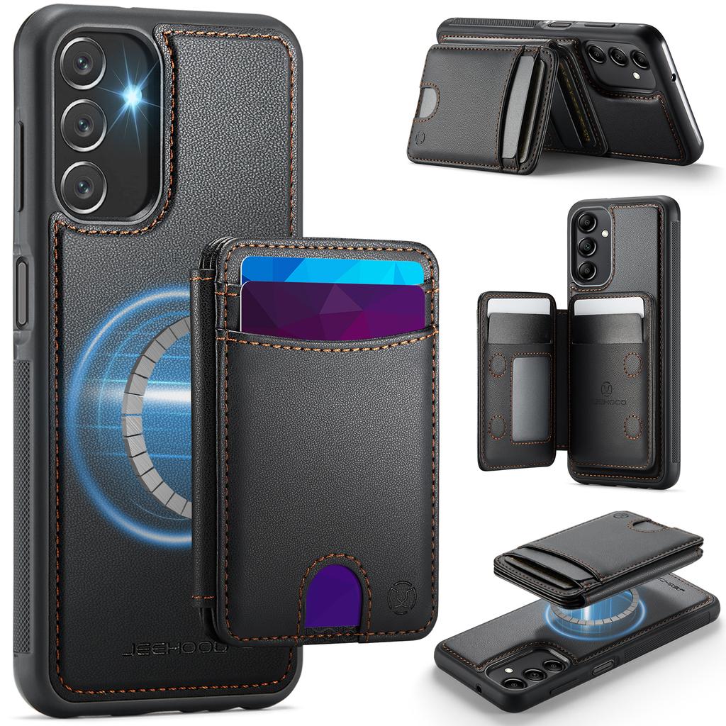 For Samsung Galaxy A14 4G/Galaxy M44 5G/Galaxy A14 5G Magnetic Case JEEHOOD J10 Leather Back Phone Cover with Detachable Card Holder Kickstand