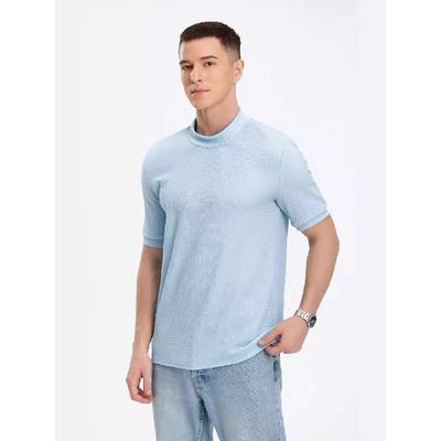 Summer Leisure Simple Texture Knitted T-shirt Men's High Neck Water Wave Pattern Solid Color Short Sleeve Tops