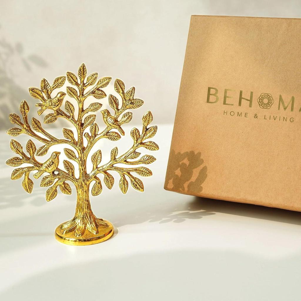 100% Pure Brass Kalpvriksh Tree with Birds | Kalpavriksha Tree of Life Showpiece for Table Decor (5.9 Inch) | Home & Puja Temple