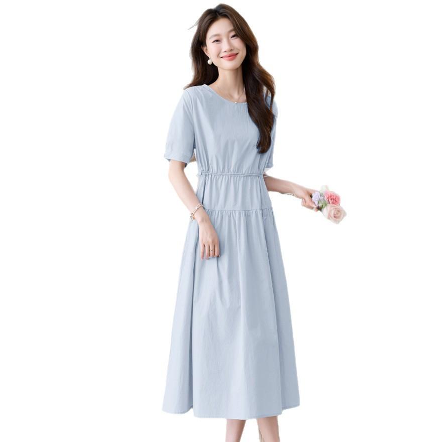 Summer New Fashion Design Sense Simple Skirt Loose Drawstring Waist Thin Short Sleeve Pure Cotton Dress Women