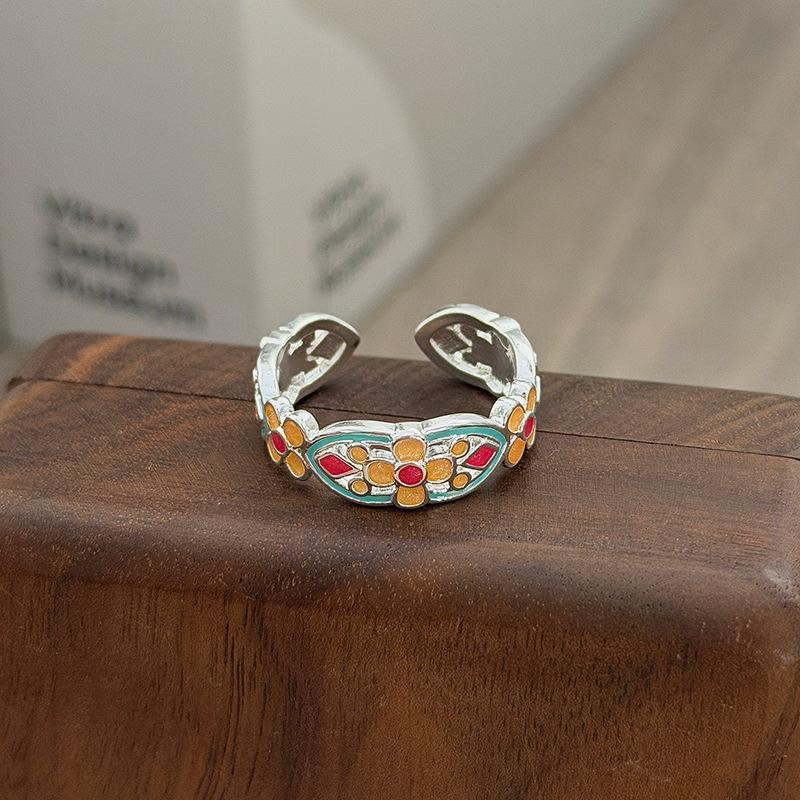 Niche High-End Sweet Sister Country Tide Style Colored Enamel Flower Retro Pattern Open Ring Stacked With Personalized Ring