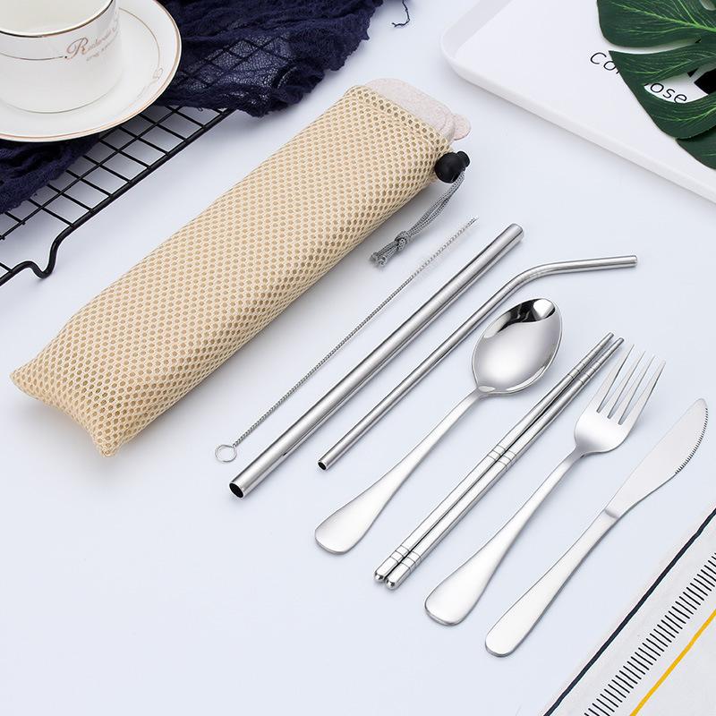 Portable Travel Cutlery Set Stainless Steel Tableware Storage Box Bag Kitchen Home Dinnerware Straw Chopstick Spoon Fork