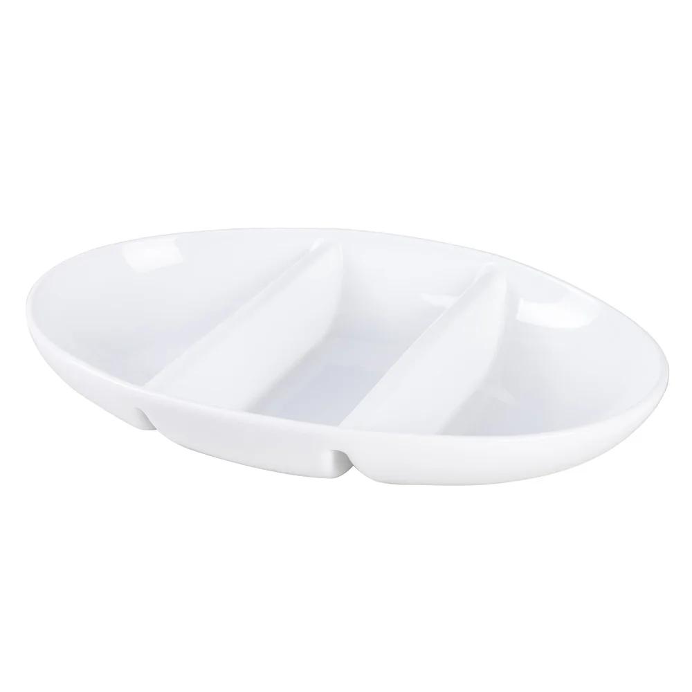 Porcelain Oval Three Compartment Divided Bowl Microwave Dishwasher Safe Stackable Serving Dish Snacks Salads Soups Fruits