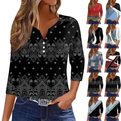Damska koszulka T-shirt z nadrukiem Rękaw 3/4 Codzienny Weekend Moda Podstawowy Dekolt w kształcie litery V Regularny top