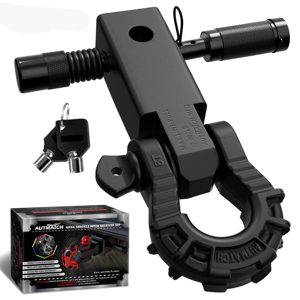AUTMATCH Shackle Hitch Receiver with and Mega Shackles and Trailer Hitch Lock Vehicle Recovery Receiver Kit with a kg Break Matte Black Mega Shackle