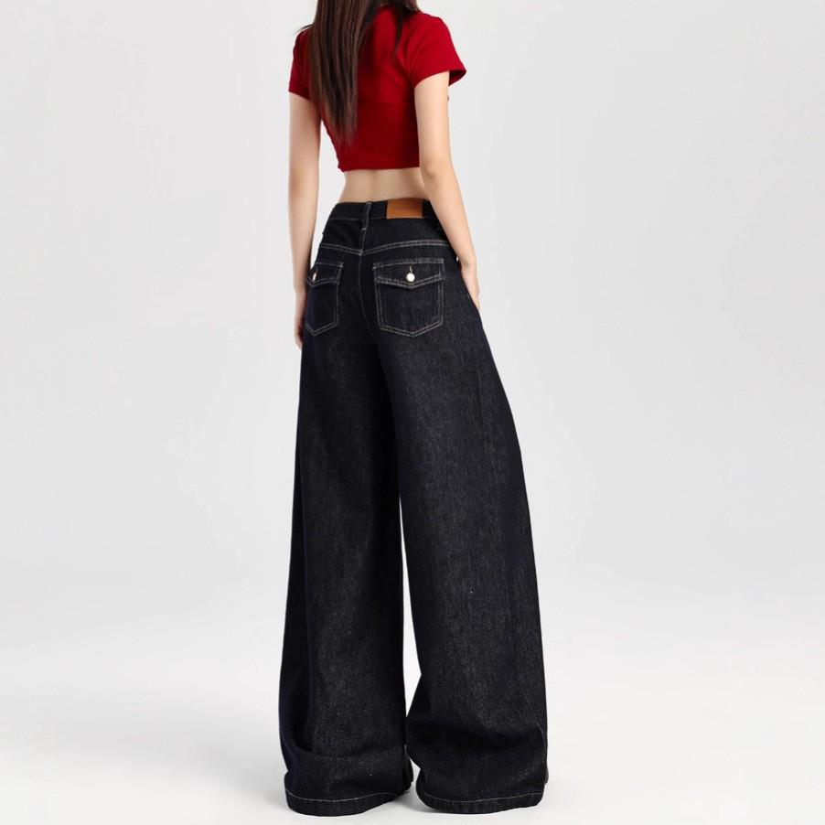 

Women s Dark Blue High-Waisted Wide-Leg Jeans - 2025 Spring/Autumn Collection, Flattering Straight Cut, Floor-Length Pants XS
