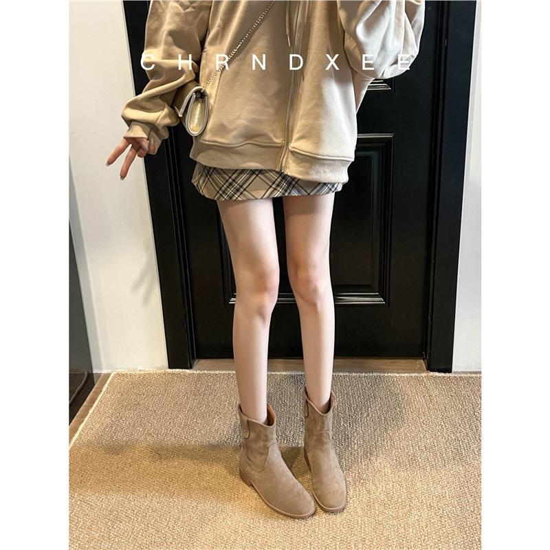 Cowhide Version~ 2025 New Retro Matte Round Head Sleeve Short Boots Women's Thick Heel Suede Versatile Martin Boots