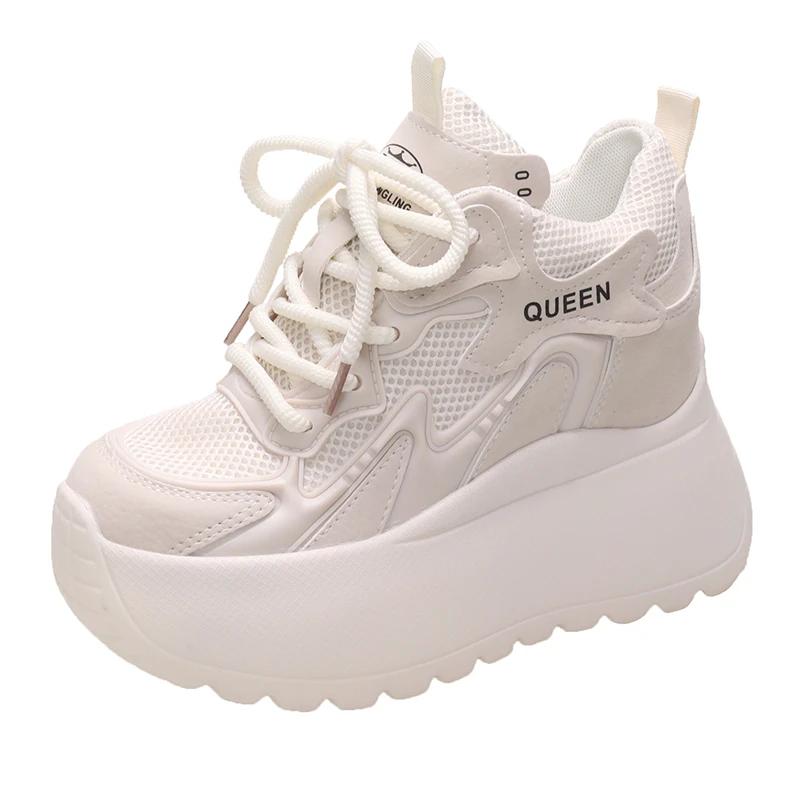 Fashion 10CM Women Casual Leather Sneaker Autumn Lace Up High Platform Shoes Thick Sole Sport Dad Shoes Woman Sneakers Chaussure Femme
